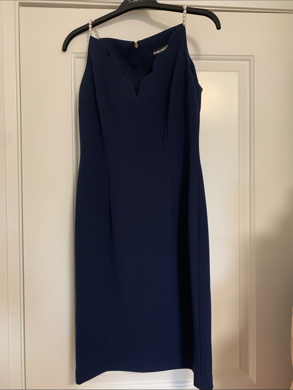 Karl Lagerfeld Navy Scallop-Edge Midi Sheath Dress